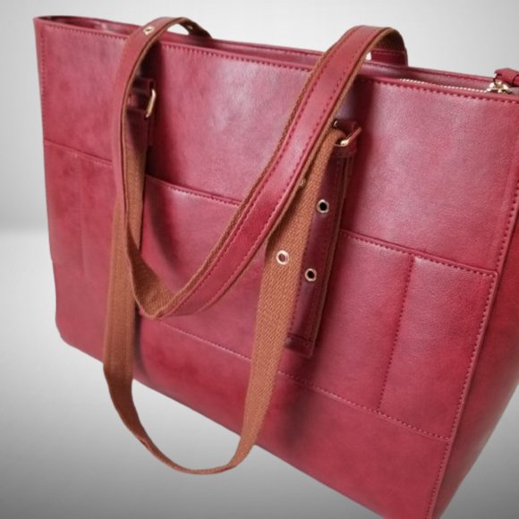 NWT! Burgundy Faux Leather Tote Bag w/Laptop Divider & Luggage Strap - Picture 13 of 14